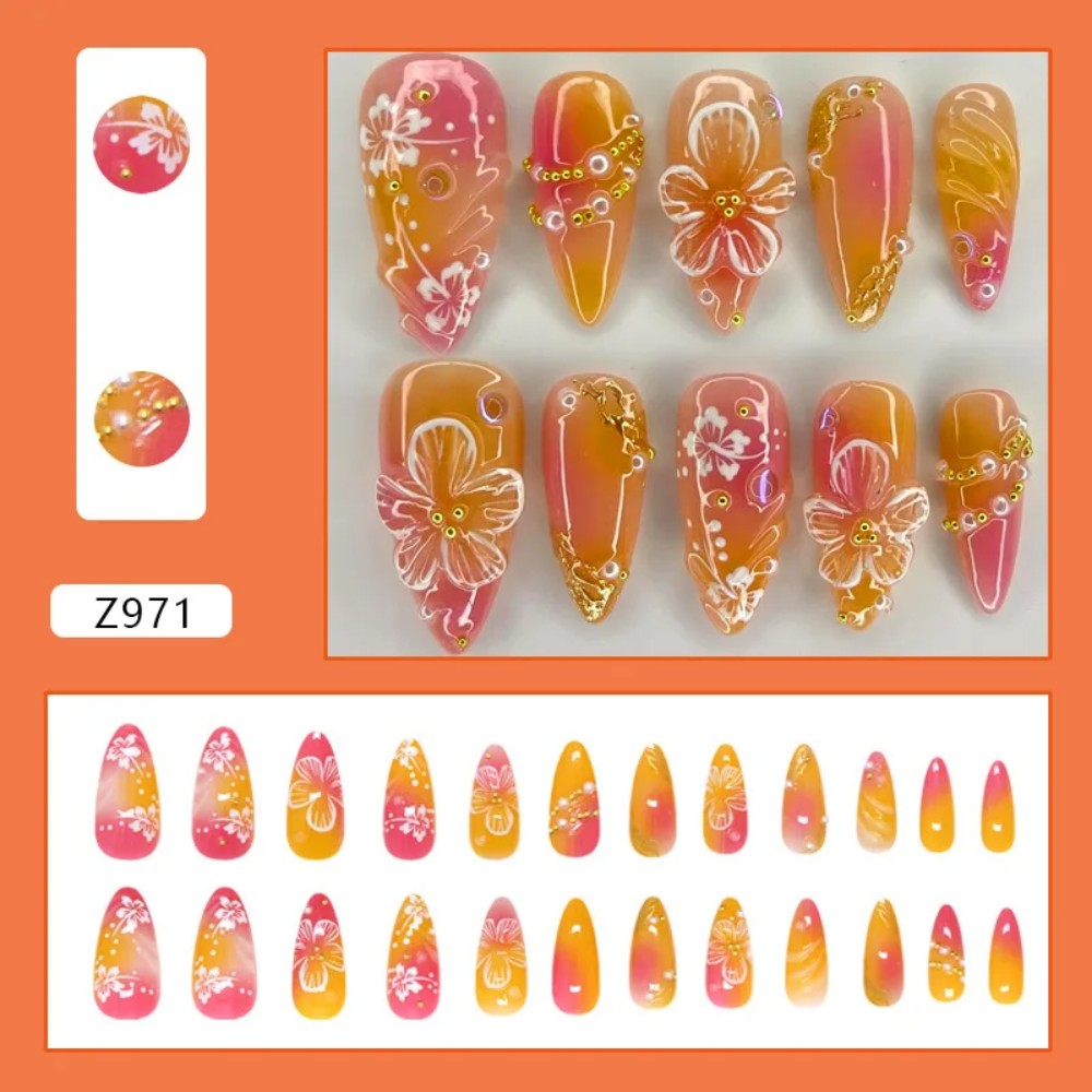 Pressed Flower Art - เล็บปลอมสีชมพูไล่เฉดแบบอัลมอนด์ 24 ชิ้น พร้อมดีไซน์มุกและเพชรประดับ ลายโบว์ดอกไม้ ปิดเต็มเล็บ