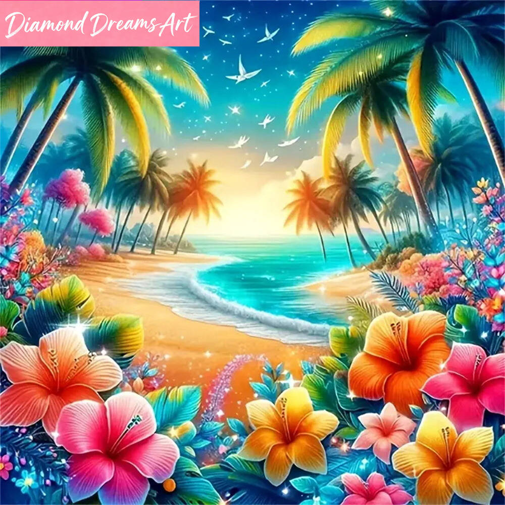 Photo Mosaic Print - ภาพวาดเพชรลายวิวทะเล DIY แบบเต็มสี่เหลี่ยมและทรงกลม ประดับดอกลิลลี่ สำหรับตกแต่งบ้าน ไม่มีกรอบ