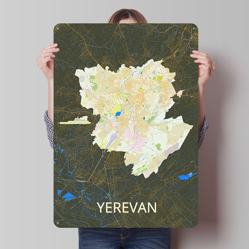 Custom Map Poster - แผนที่เมืองเยเรวัน โปสเตอร์โลหะดีบุก งานศิลปะติดผนังแบบกำหนดเอง ป้ายโลหะวินเทจ ป้ายดีบุกย้อนยุค สำหรับตกแต่งห้องเล่นเกม