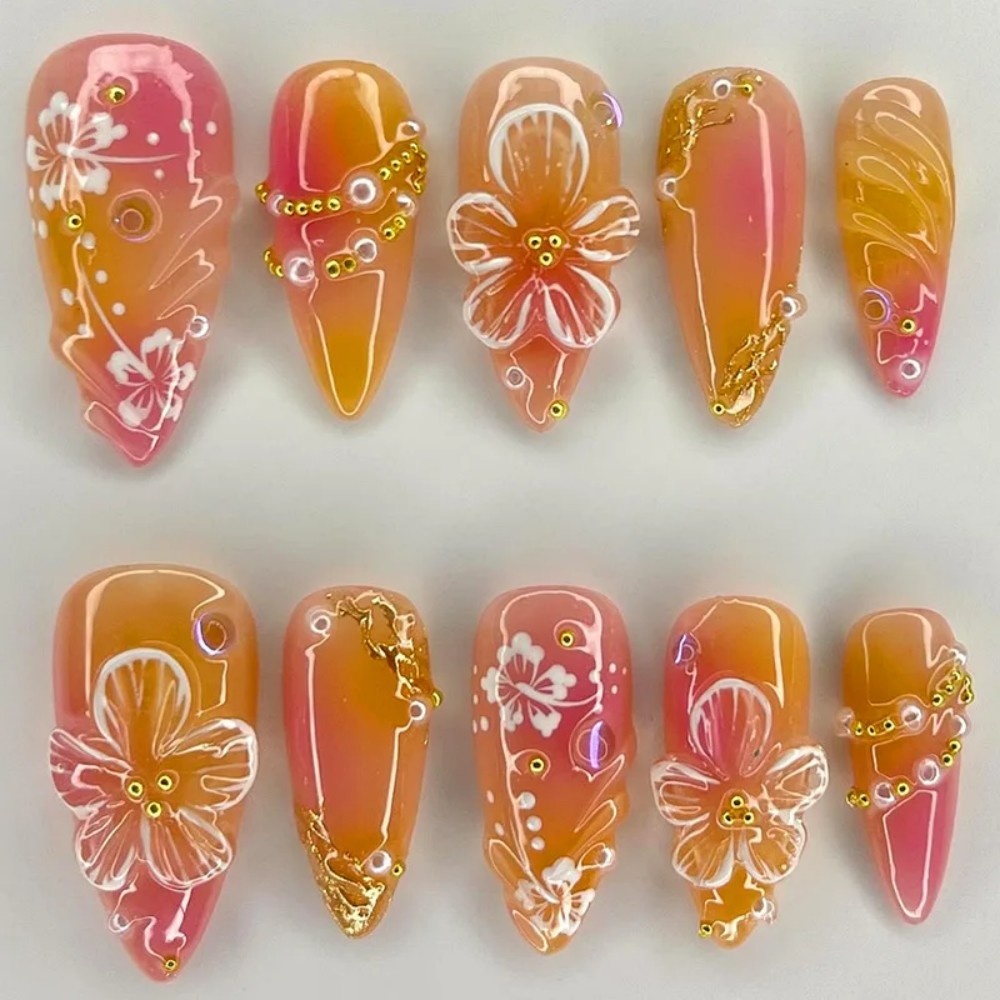 เล็บปลอมสีชมพูไล่เฉดแบบอัลมอนด - Pressed Flower Art บทวิจารณ์และราคา