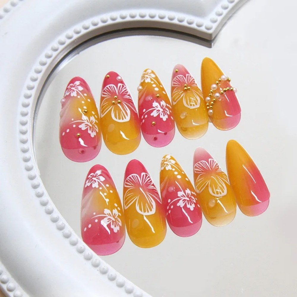 เล็บปลอมสีชมพูไล่เฉดแบบอัลมอนด - Pressed Flower Art บทวิจารณ์และราคา